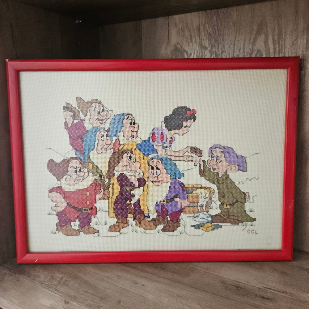 Vintage Snow White & The Seven Dwarfs Cross Stitch Framed Wall Art